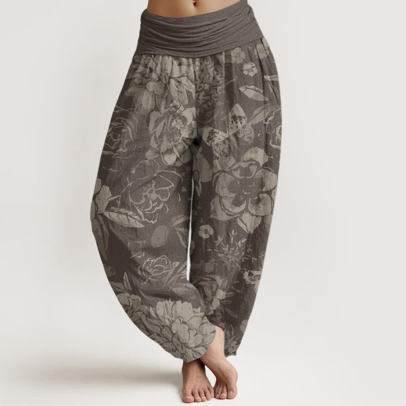 Pure Cotton Casual Peony Flowers Leaves Women's Elastic Waist Harem Pants