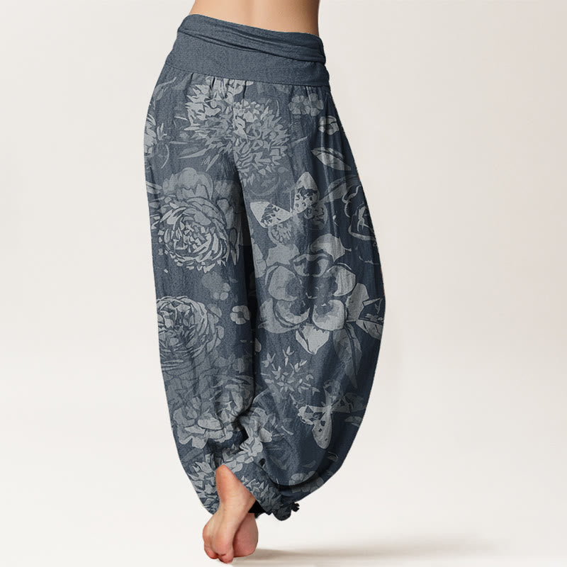 Pure Cotton Casual Peony Flowers Leaves Women's Elastic Waist Harem Pants