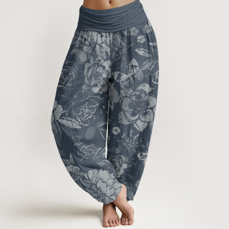 Pure Cotton Casual Peony Flowers Leaves Women's Elastic Waist Harem Pants