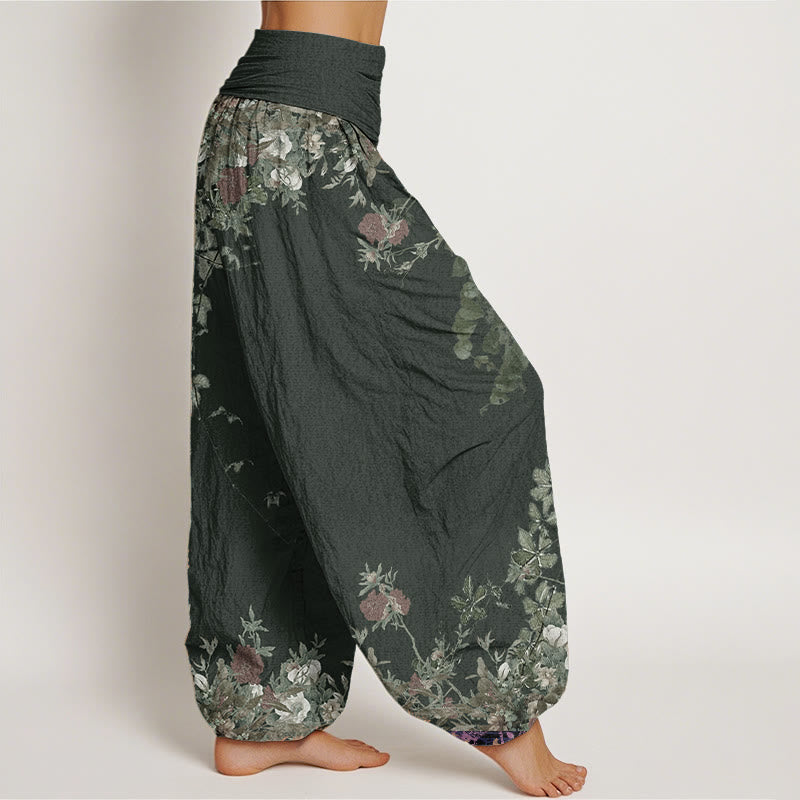 Pure Cotton Casual Red Peony Flower Vine Design Women's Elastic Waist Harem Pants