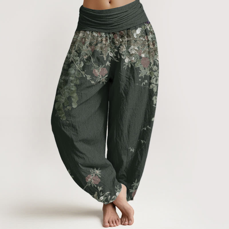 Pure Cotton Casual Red Peony Flower Vine Design Women's Elastic Waist Harem Pants