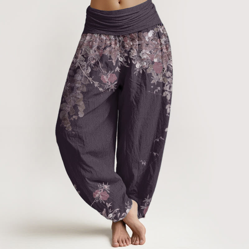 Pure Cotton Casual Red Peony Flower Vine Design Women's Elastic Waist Harem Pants