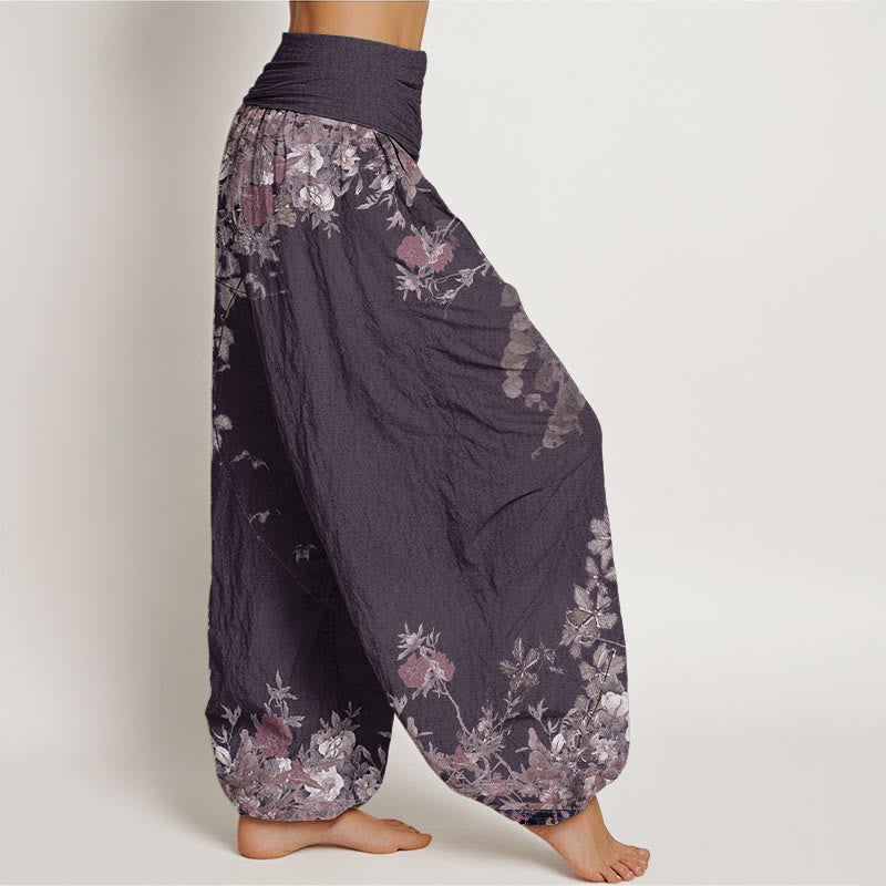 Pure Cotton Casual Red Peony Flower Vine Design Women's Elastic Waist Harem Pants