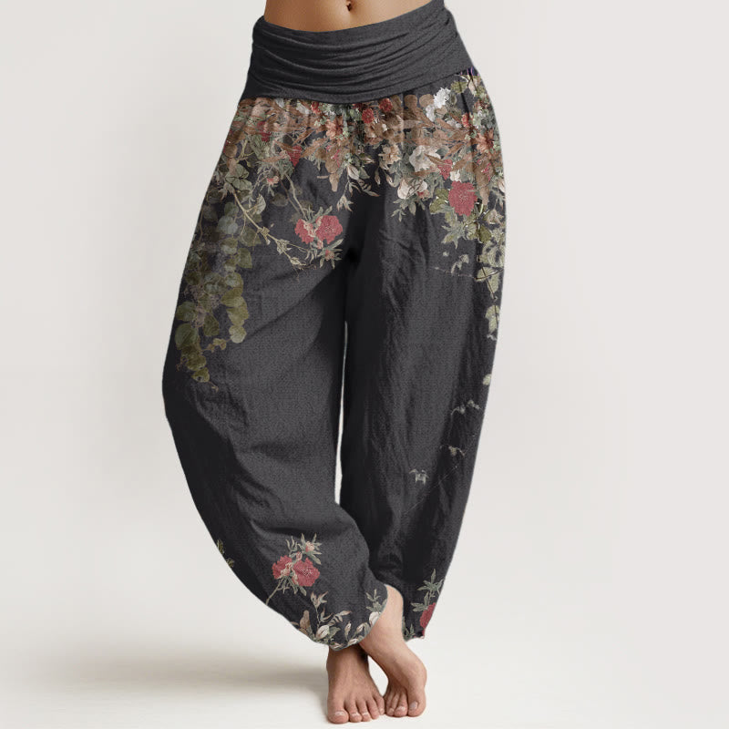 Pure Cotton Casual Red Peony Flower Vine Design Women's Elastic Waist Harem Pants