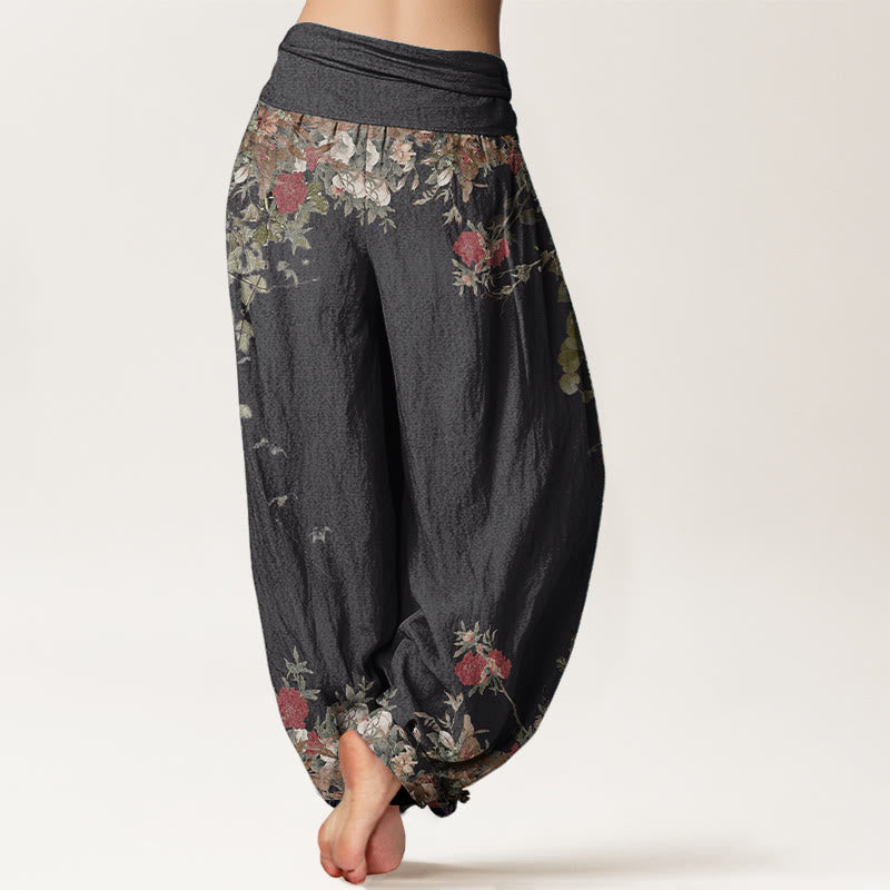 Pure Cotton Casual Red Peony Flower Vine Design Women's Elastic Waist Harem Pants