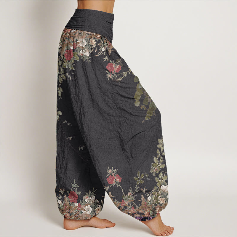 Pure Cotton Casual Red Peony Flower Vine Design Women's Elastic Waist Harem Pants