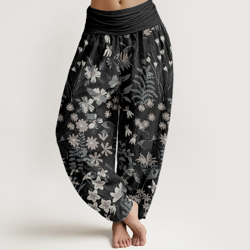 Pure Cotton Casual Daisy Flowers Leaves Design Women's Elastic Waist Harem Pants