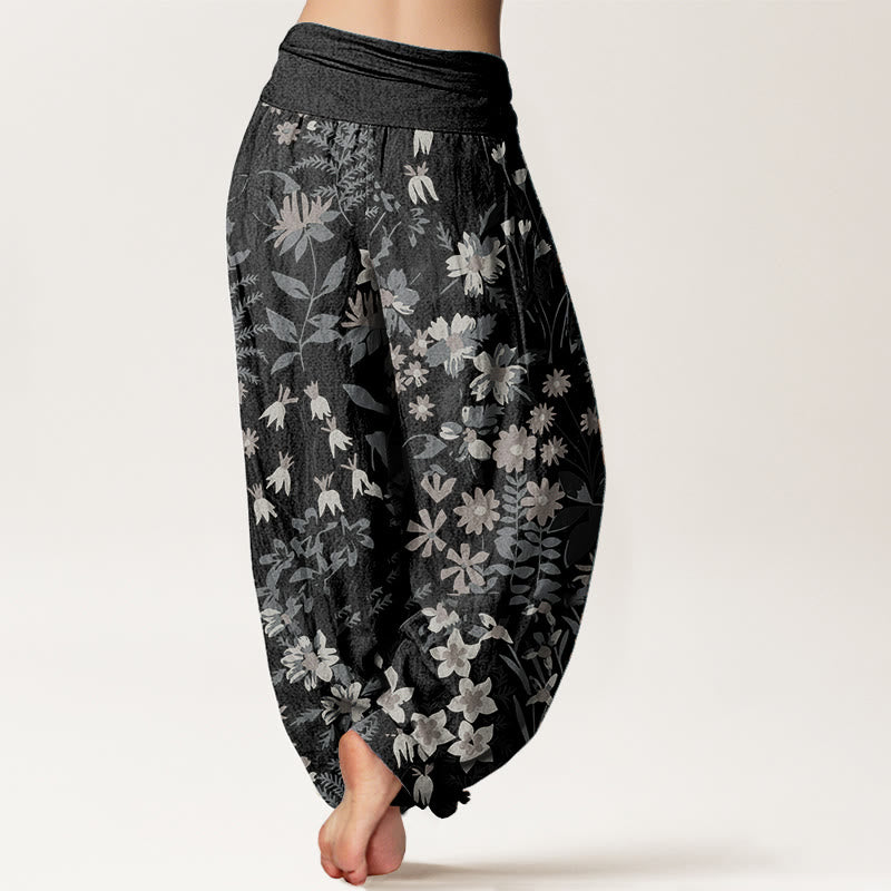 Pure Cotton Casual Daisy Flowers Leaves Design Women's Elastic Waist Harem Pants