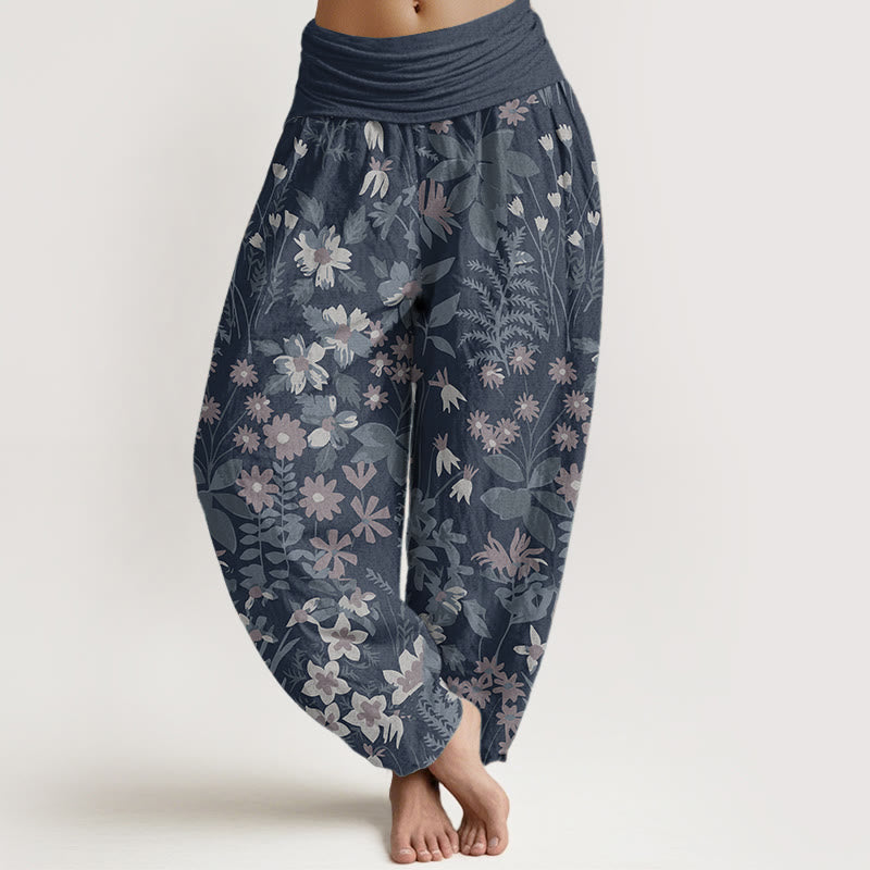 Pure Cotton Casual Daisy Flowers Leaves Design Women's Elastic Waist Harem Pants