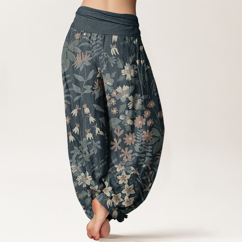 Pure Cotton Casual Daisy Flowers Leaves Design Women's Elastic Waist Harem Pants