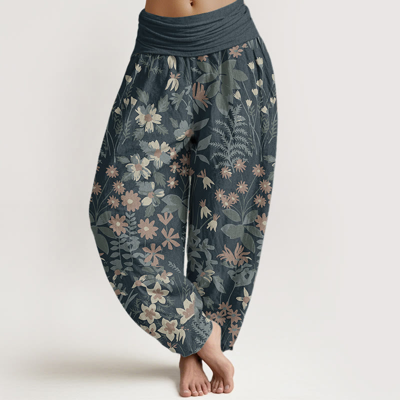 Pure Cotton Casual Daisy Flowers Leaves Design Women's Elastic Waist Harem Pants