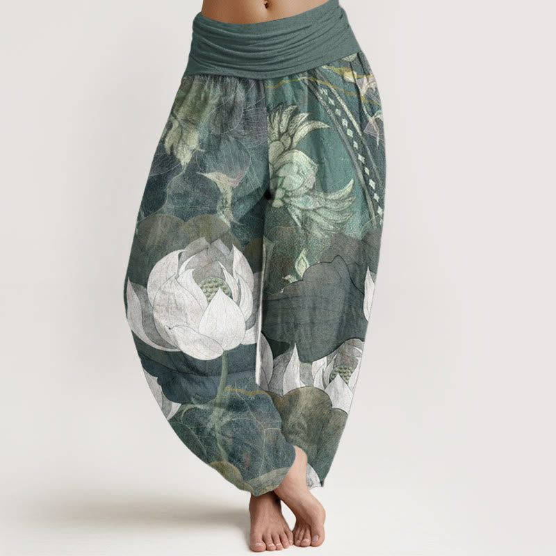 Pure Cotton White Lotus Leaves Pattern Casual Women's Elastic Waist Harem Pants