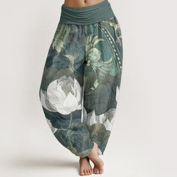Pure Cotton White Lotus Leaves Pattern Casual Women's Elastic Waist Harem Pants