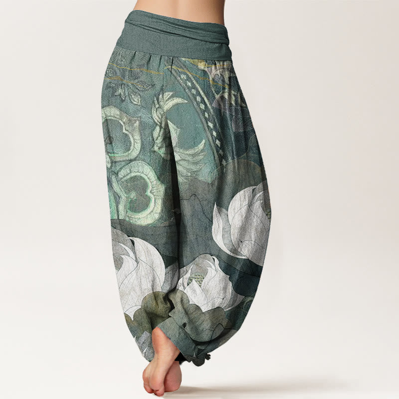 Pure Cotton White Lotus Leaves Pattern Casual Women's Elastic Waist Harem Pants