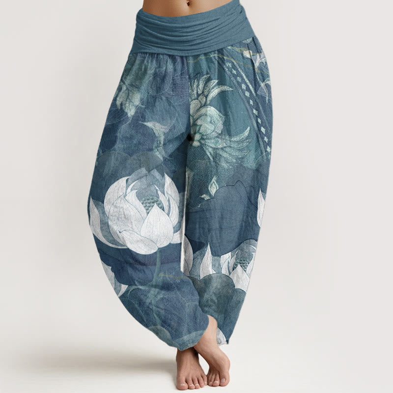 Pure Cotton White Lotus Leaves Pattern Casual Women's Elastic Waist Harem Pants