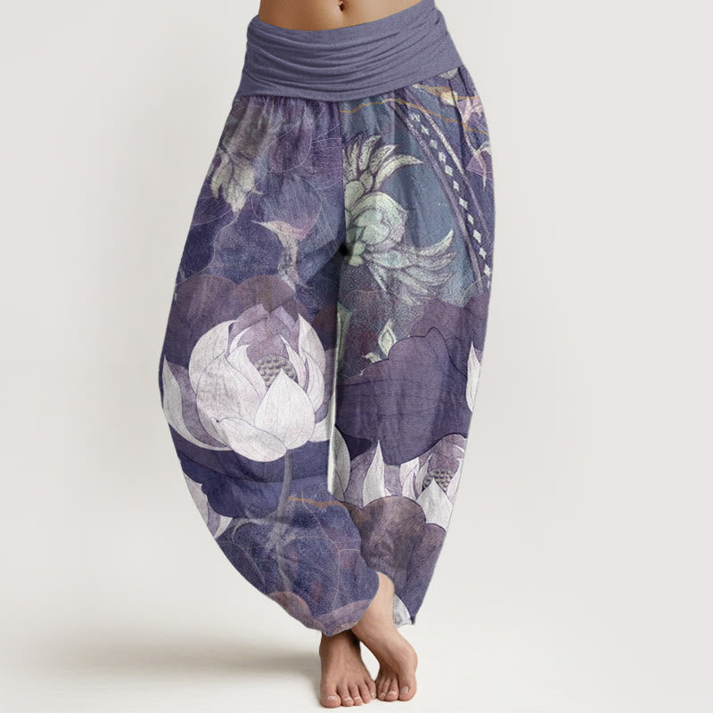Pure Cotton White Lotus Leaves Pattern Casual Women's Elastic Waist Harem Pants