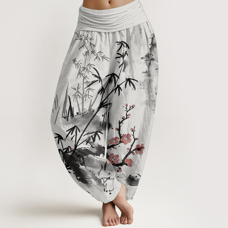 Pure Cotton Plum Blossoms Bamboo Orchids Chrysanthemums Pattern Women's Elastic Waist Harem Pants