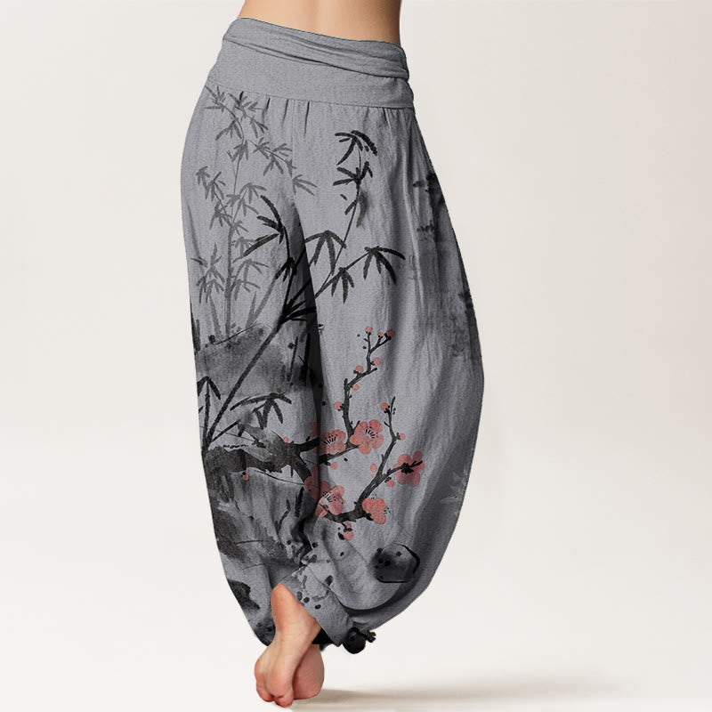 Pure Cotton Plum Blossoms Bamboo Orchids Chrysanthemums Pattern Women's Elastic Waist Harem Pants