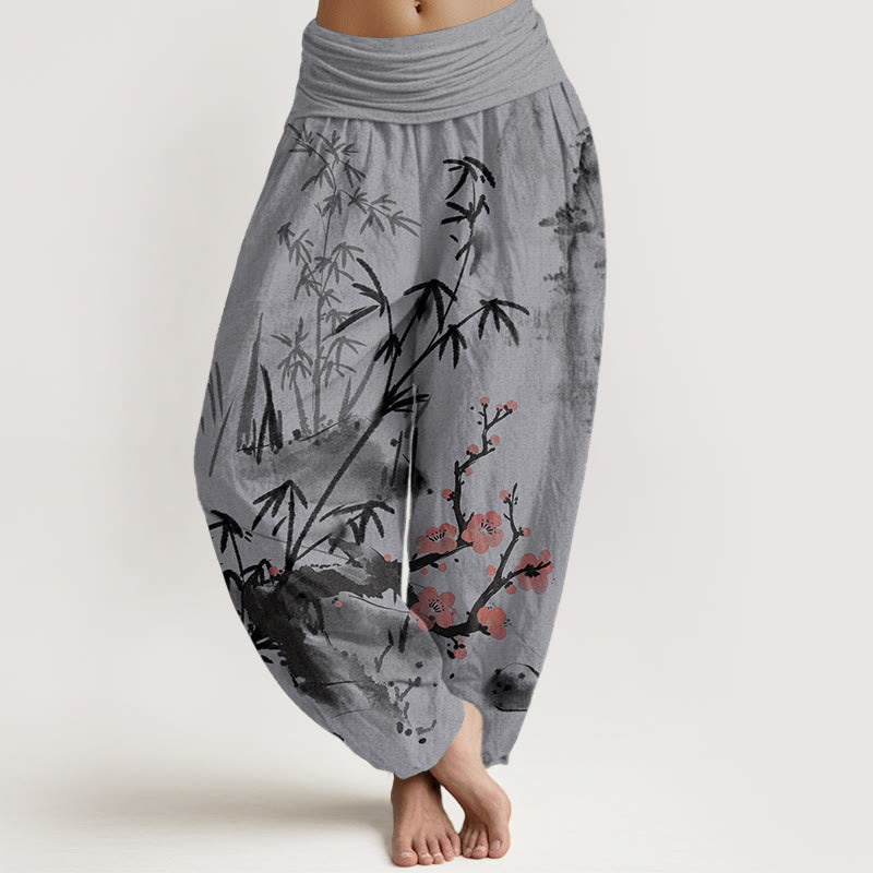 Pure Cotton Plum Blossoms Bamboo Orchids Chrysanthemums Pattern Women's Elastic Waist Harem Pants