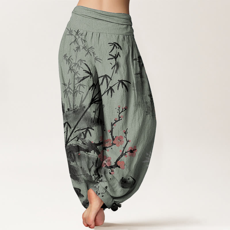 Pure Cotton Plum Blossoms Bamboo Orchids Chrysanthemums Pattern Women's Elastic Waist Harem Pants