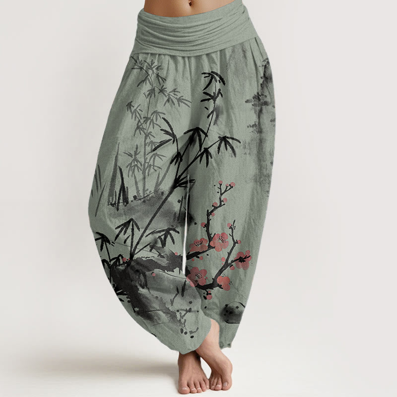 Pure Cotton Plum Blossoms Bamboo Orchids Chrysanthemums Pattern Women's Elastic Waist Harem Pants