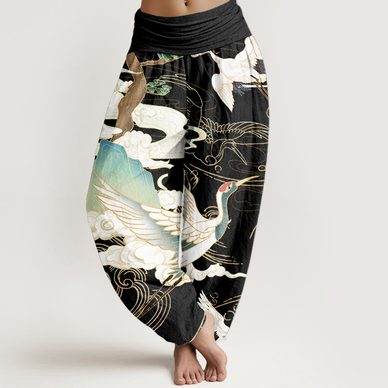 Pure Cotton Flying Cranes Auspicious Clouds Tree women's Elastic Waist Harem Pants