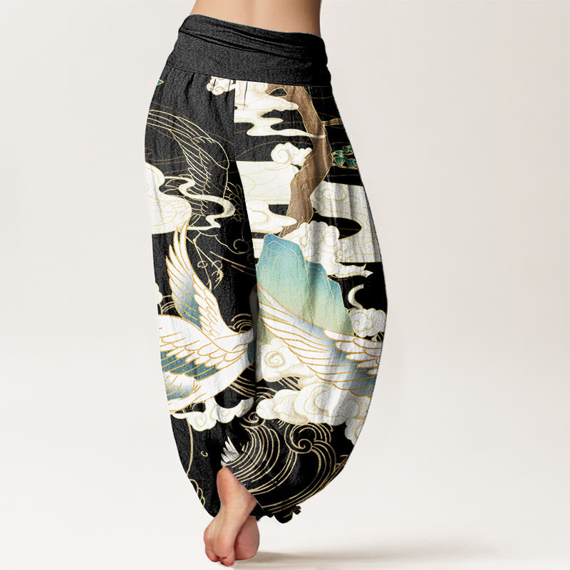 Pure Cotton Flying Cranes Auspicious Clouds Tree women's Elastic Waist Harem Pants