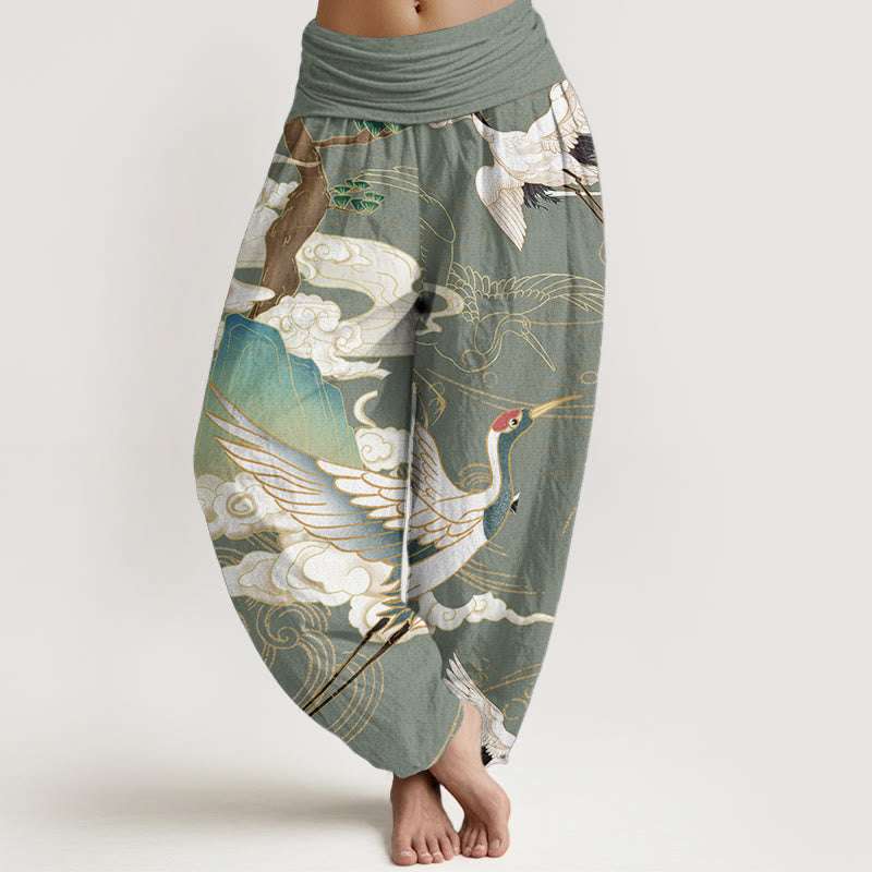 Pure Cotton Flying Cranes Auspicious Clouds Tree women's Elastic Waist Harem Pants
