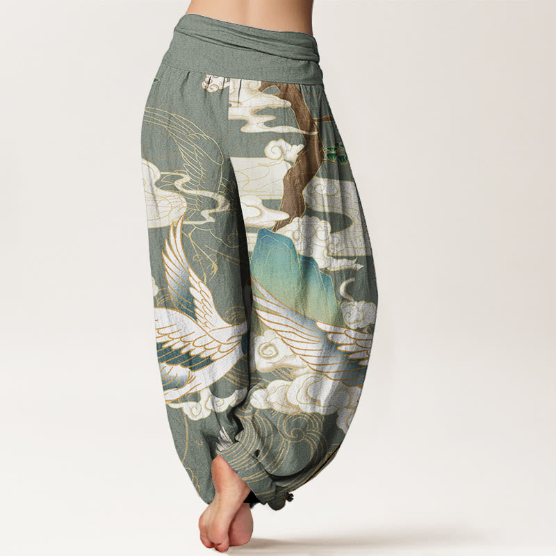 Pure Cotton Flying Cranes Auspicious Clouds Tree women's Elastic Waist Harem Pants