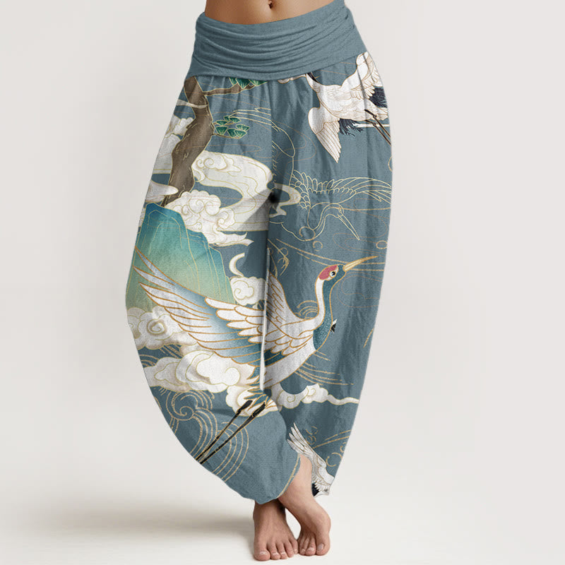Pure Cotton Flying Cranes Auspicious Clouds Tree women's Elastic Waist Harem Pants