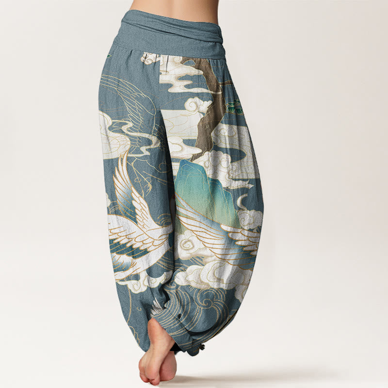 Pure Cotton Flying Cranes Auspicious Clouds Tree women's Elastic Waist Harem Pants