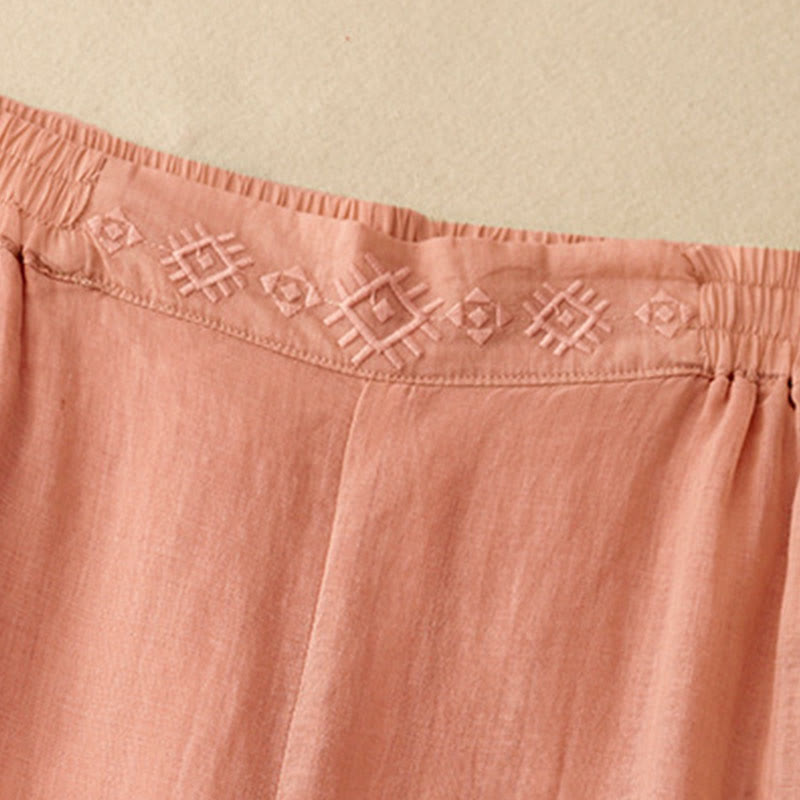 Geometric Embroidery Elastic Waist Women's Cotton Linen Wide Leg Pants With Pockets