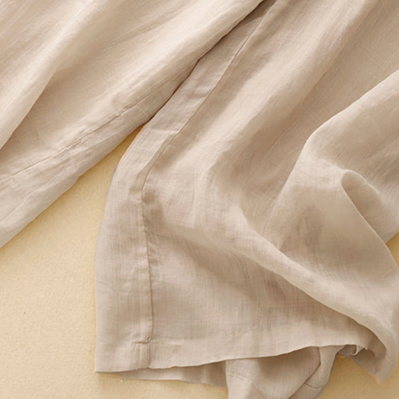 Geometric Embroidery Elastic Waist Women's Cotton Linen Wide Leg Pants With Pockets