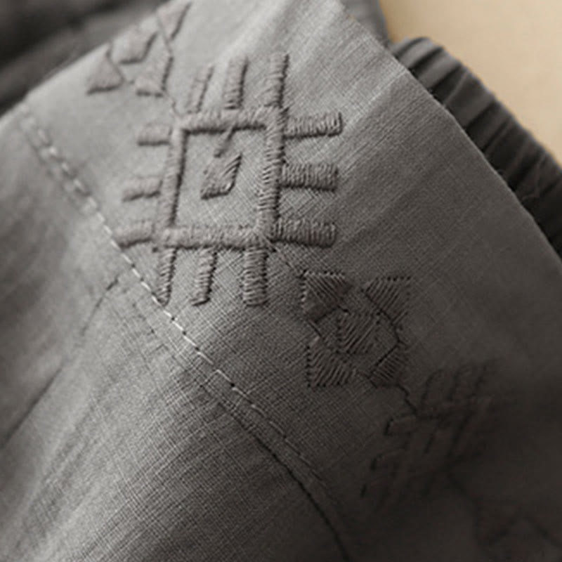 Geometric Embroidery Elastic Waist Women's Cotton Linen Wide Leg Pants With Pockets
