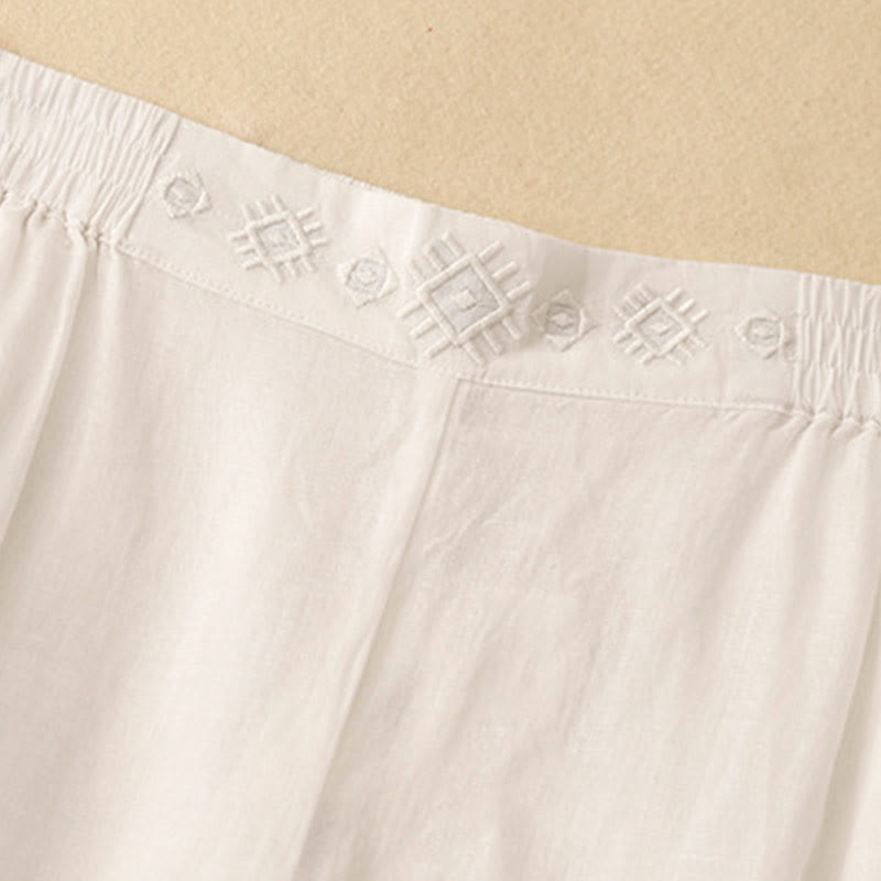 Geometric Embroidery Elastic Waist Women's Cotton Linen Wide Leg Pants With Pockets
