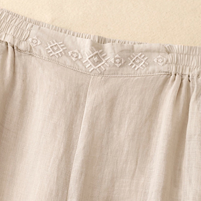 Geometric Embroidery Elastic Waist Women's Cotton Linen Wide Leg Pants With Pockets