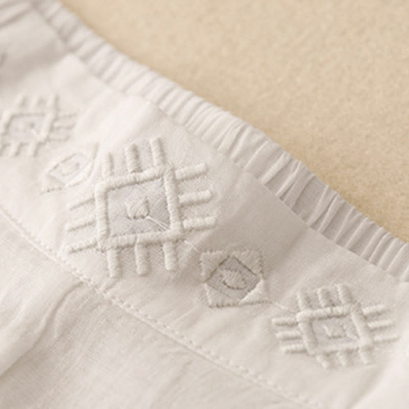 Geometric Embroidery Elastic Waist Women's Cotton Linen Wide Leg Pants With Pockets