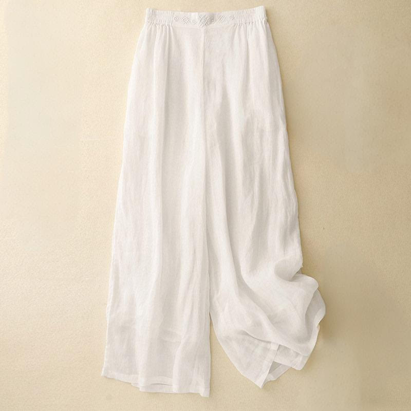 Geometric Embroidery Elastic Waist Women's Cotton Linen Wide Leg Pants With Pockets