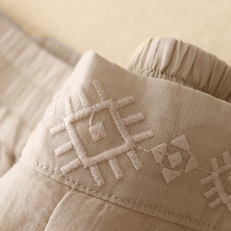 Geometric Embroidery Elastic Waist Women's Cotton Linen Wide Leg Pants With Pockets