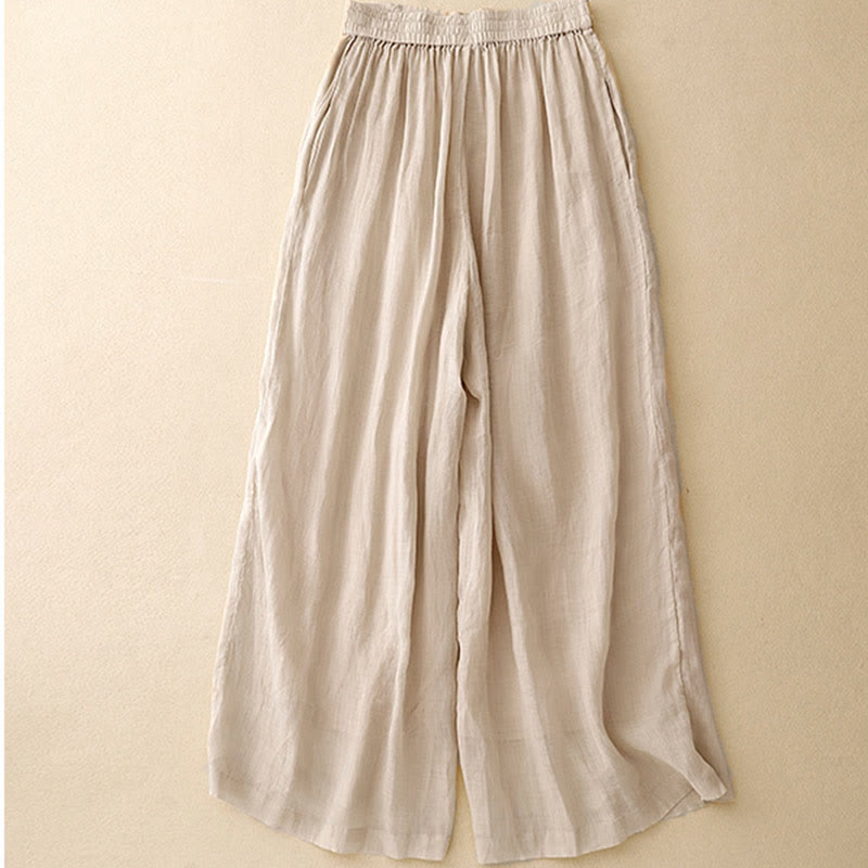 Geometric Embroidery Elastic Waist Women's Cotton Linen Wide Leg Pants With Pockets