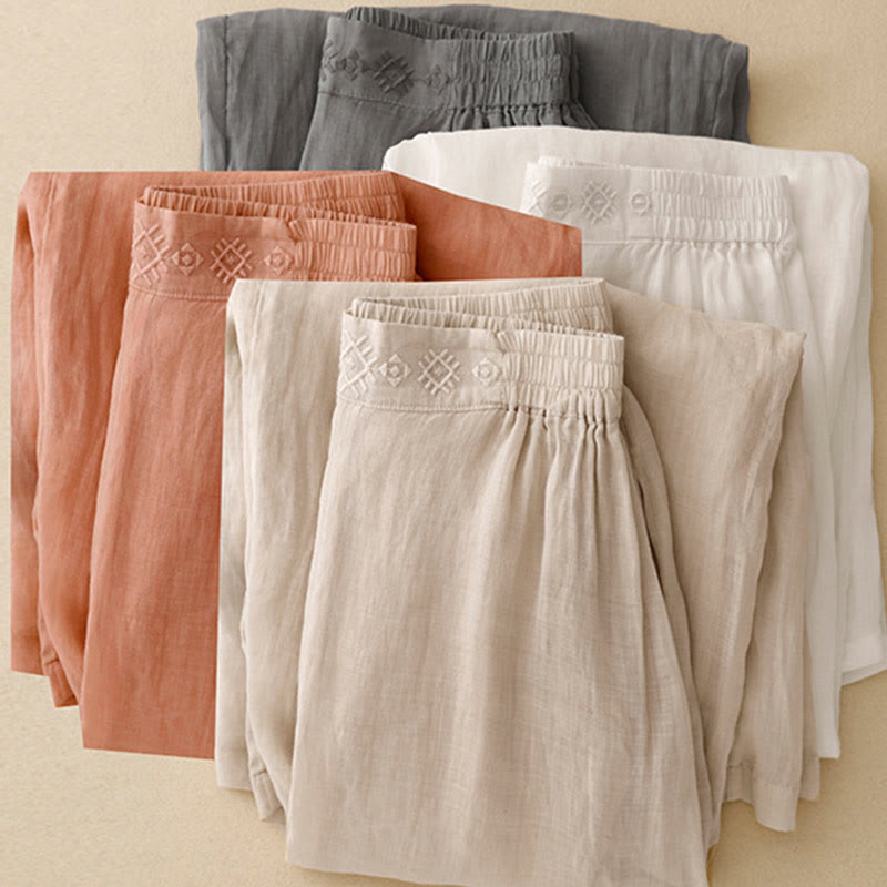 Geometric Embroidery Elastic Waist Women's Cotton Linen Wide Leg Pants With Pockets
