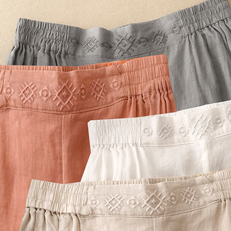 Geometric Embroidery Elastic Waist Women's Cotton Linen Wide Leg Pants With Pockets