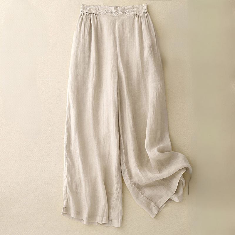 Geometric Embroidery Elastic Waist Women's Cotton Linen Wide Leg Pants With Pockets
