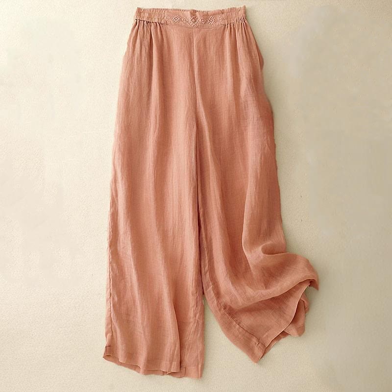 Geometric Embroidery Elastic Waist Women's Cotton Linen Wide Leg Pants With Pockets