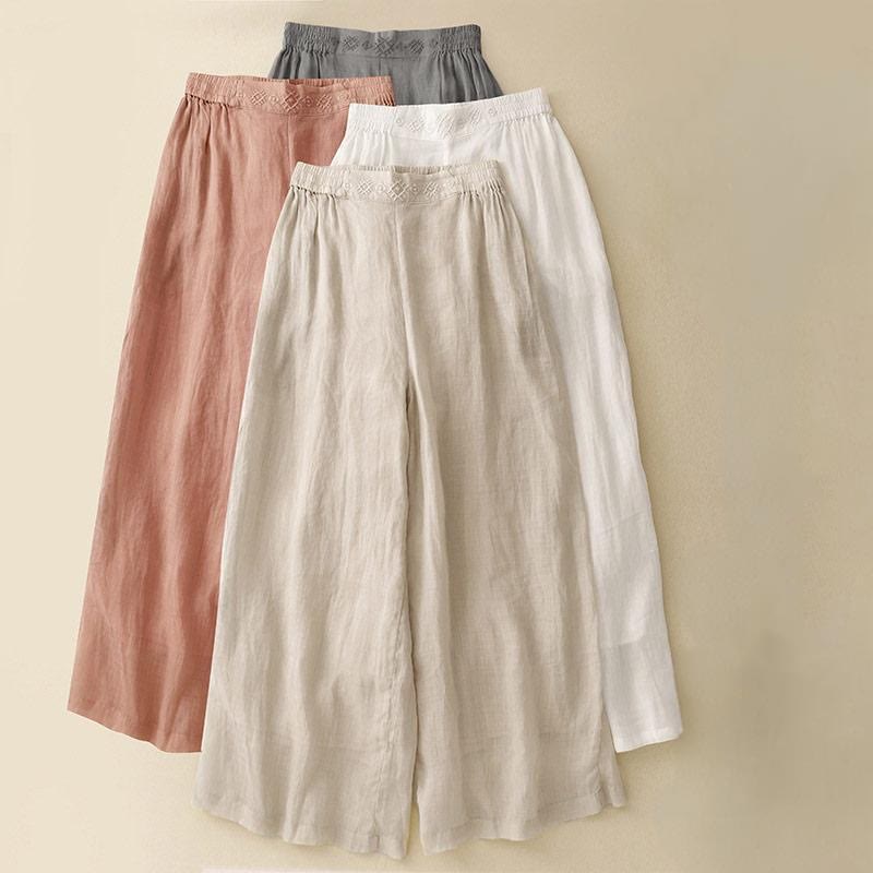 Geometric Embroidery Elastic Waist Women's Cotton Linen Wide Leg Pants With Pockets