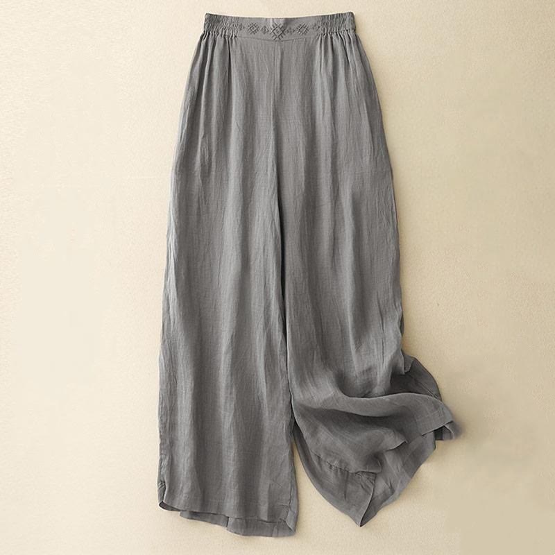 Geometric Embroidery Elastic Waist Women's Cotton Linen Wide Leg Pants With Pockets