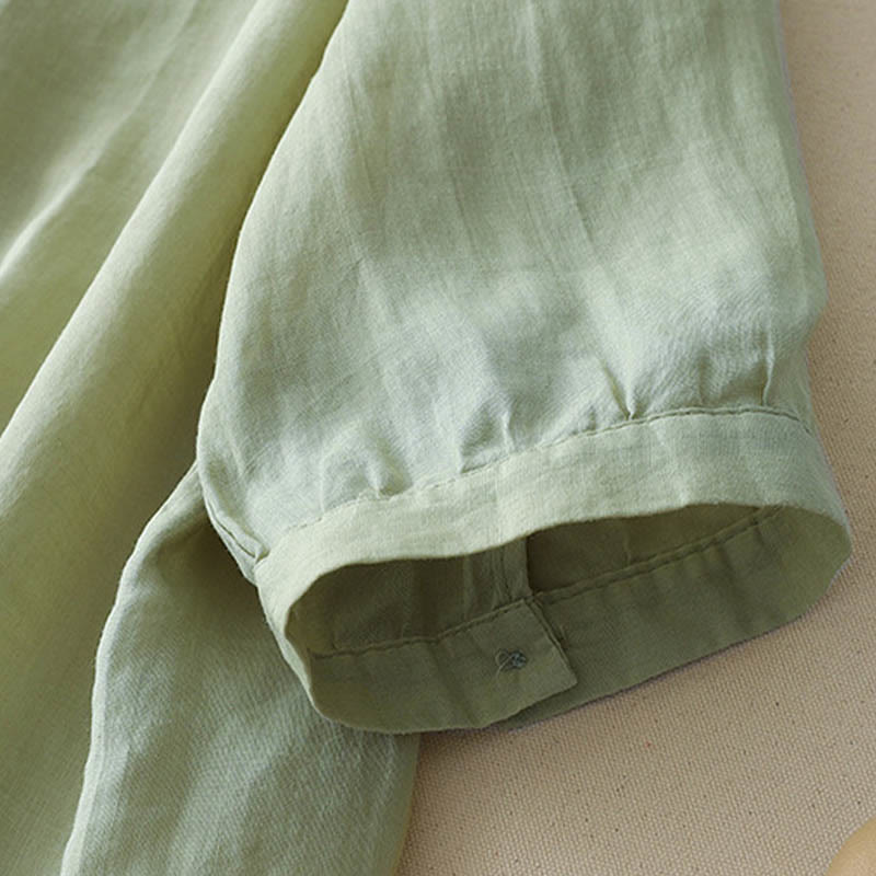 Casual Shooting Star Embroidery V-Neck Half Sleeve Cotton Linen Women's Shirt