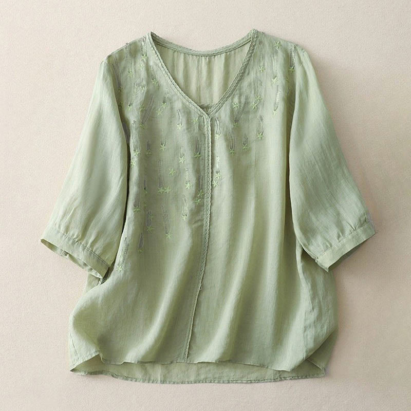Casual Shooting Star Embroidery V-Neck Half Sleeve Cotton Linen Women's Shirt