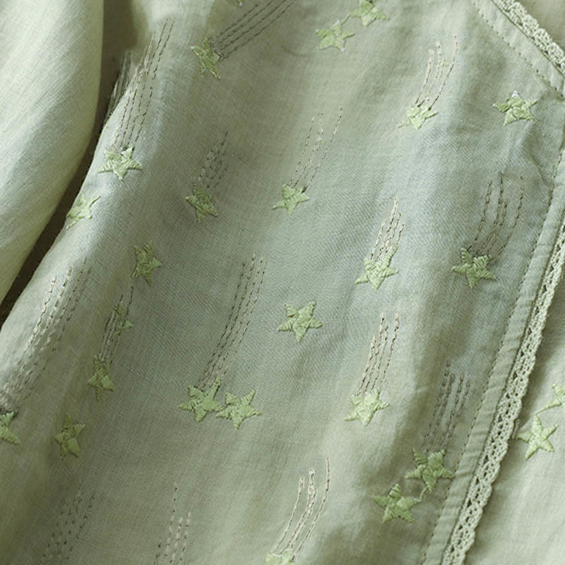 Casual Shooting Star Embroidery V-Neck Half Sleeve Cotton Linen Women's Shirt