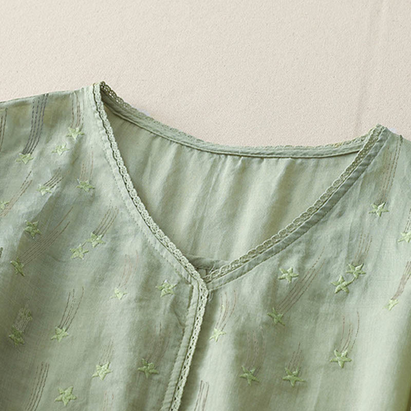 Casual Shooting Star Embroidery V-Neck Half Sleeve Cotton Linen Women's Shirt